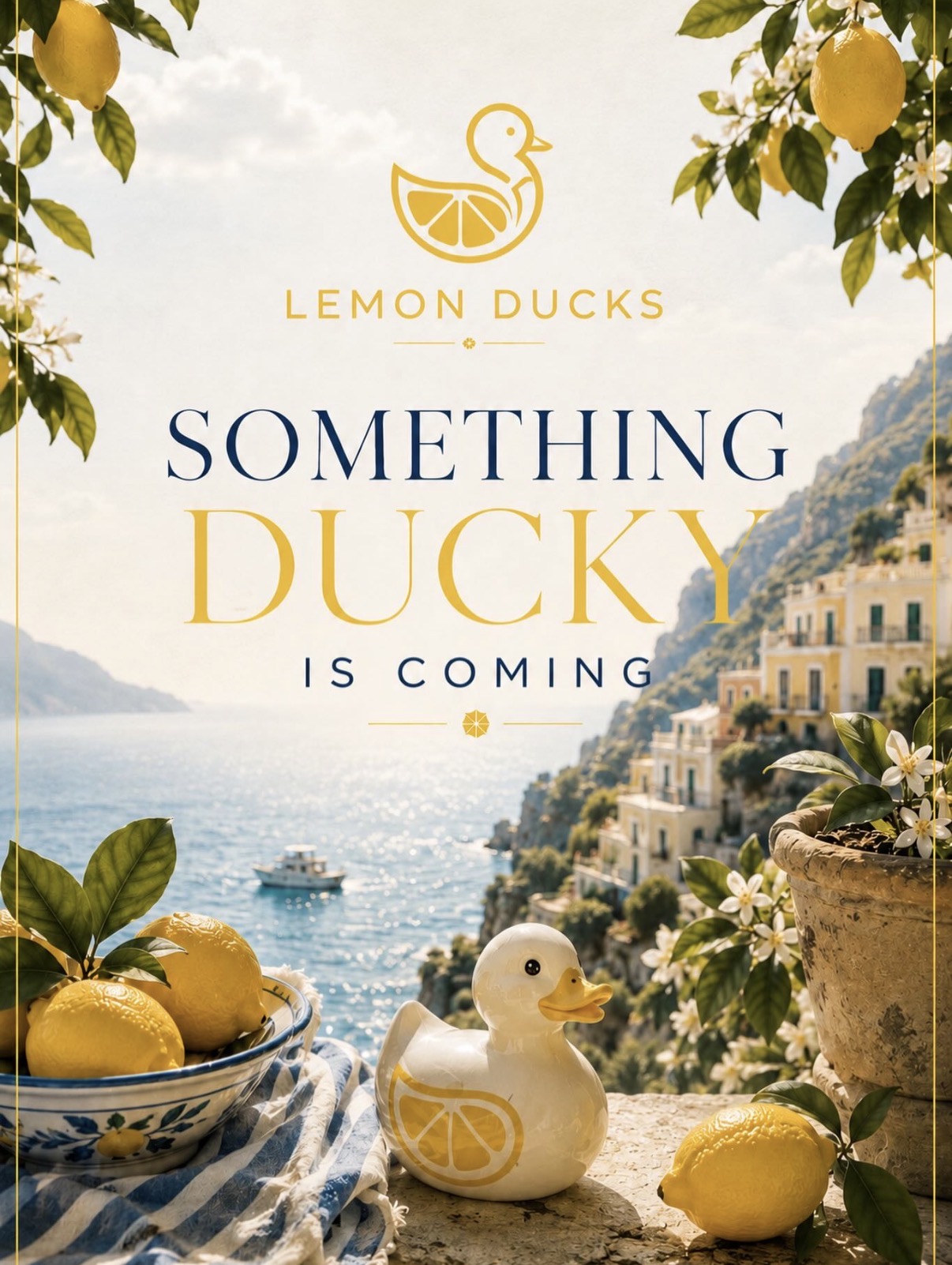 Coastal Lemon Ducks lifestyle scene with lemons, a ceramic duck, and a seaside view