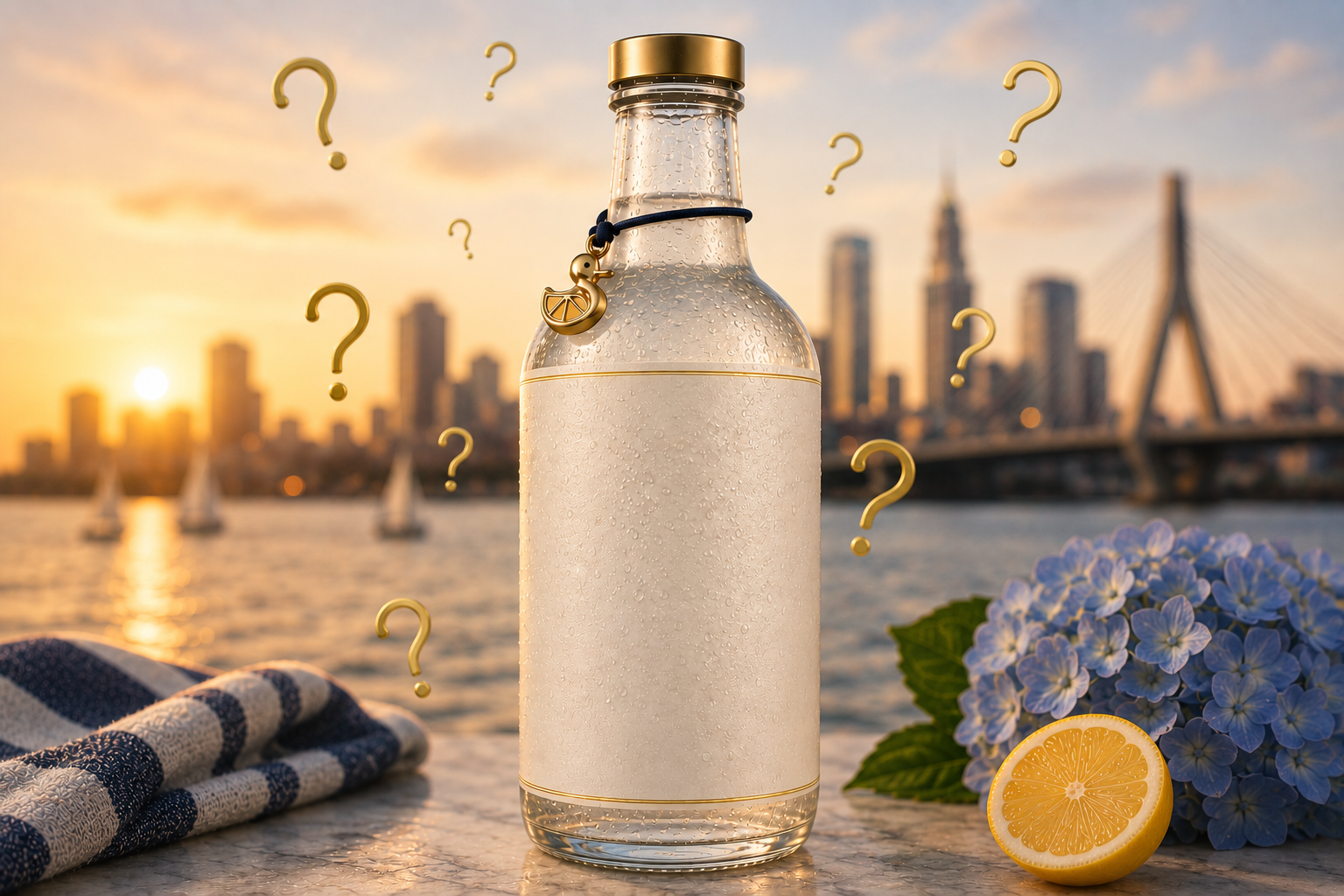 A mysterious chilled bottle with a lemon duck charm, silhouetted against a sunset harbor skyline